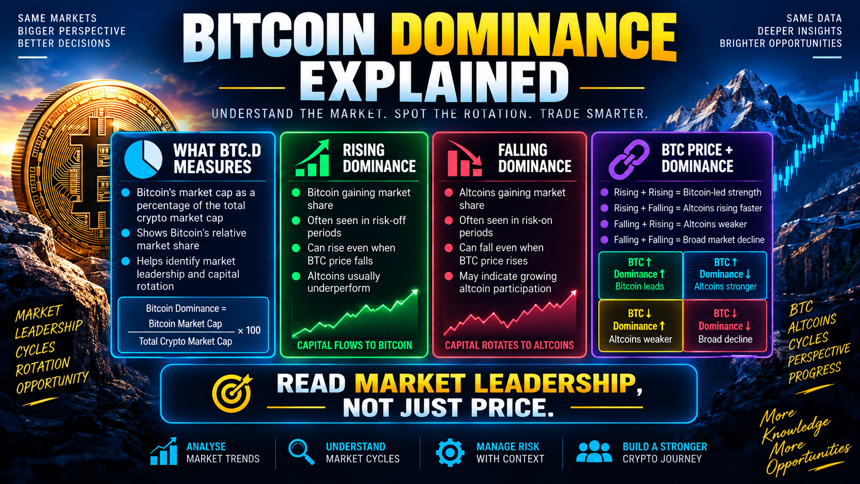 Bitcoin Dominance Explained infographic showing BTC market share, rising and falling dominance, altcoin rotation and four Bitcoin market scenarios.
