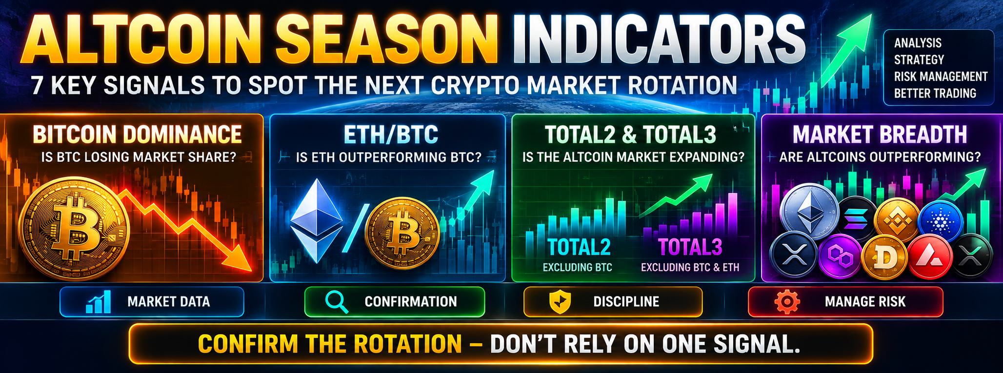 Altcoin Season Indicators infographic showing Bitcoin dominance, ETH/BTC, TOTAL2, TOTAL3, market breadth, liquidity and altcoin rotation signals.