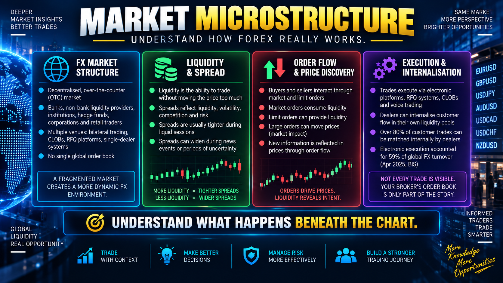 Market Microstructure infographic showing Forex liquidity, bid-ask spreads, order flow, dealer internalization, execution venues and price discovery.