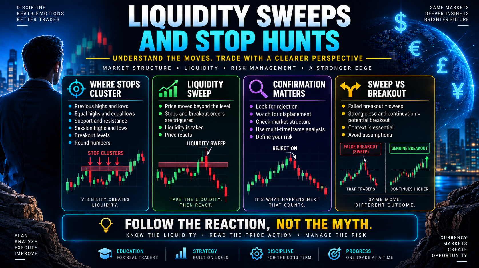 Forex infographic explaining Liquidity Sweeps and Stop Hunts using buy-side and sell-side liquidity, stop clusters, false breakouts and market structure.