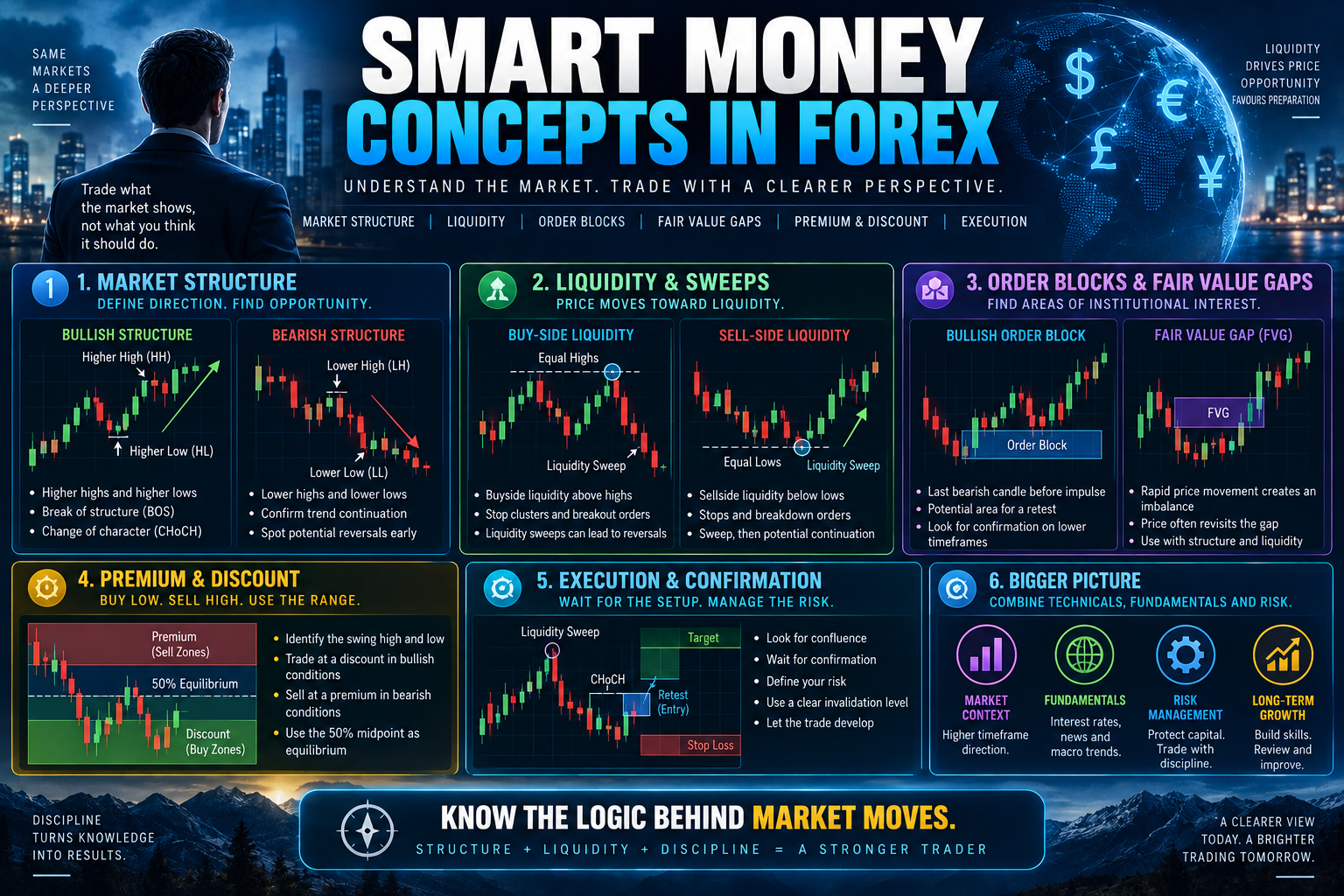 Forex trading infographic illustrating Smart Money Concepts, including market structure, liquidity sweeps, order blocks, fair value gaps and institutional activity.