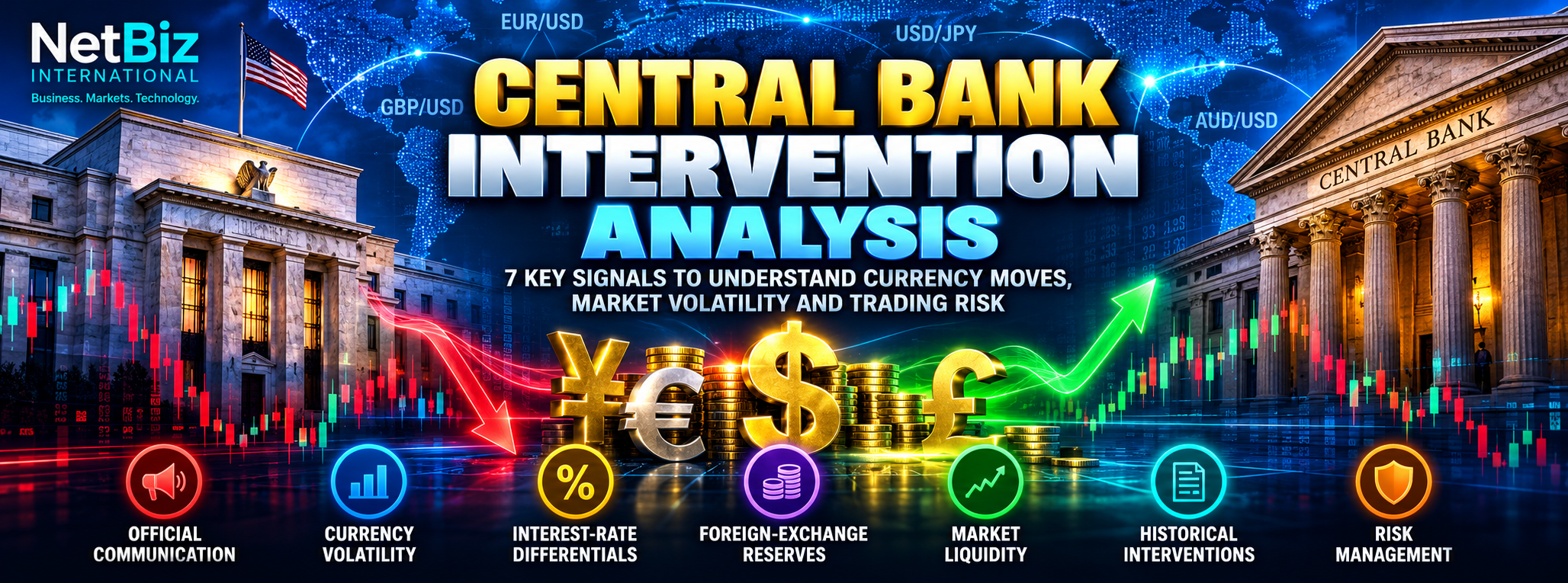 Educational infographic explaining seven central bank intervention signals: official communication, currency volatility, interest-rate differentials, foreign-exchange reserves, market liquidity, historical interventions and post-intervention price behaviour.